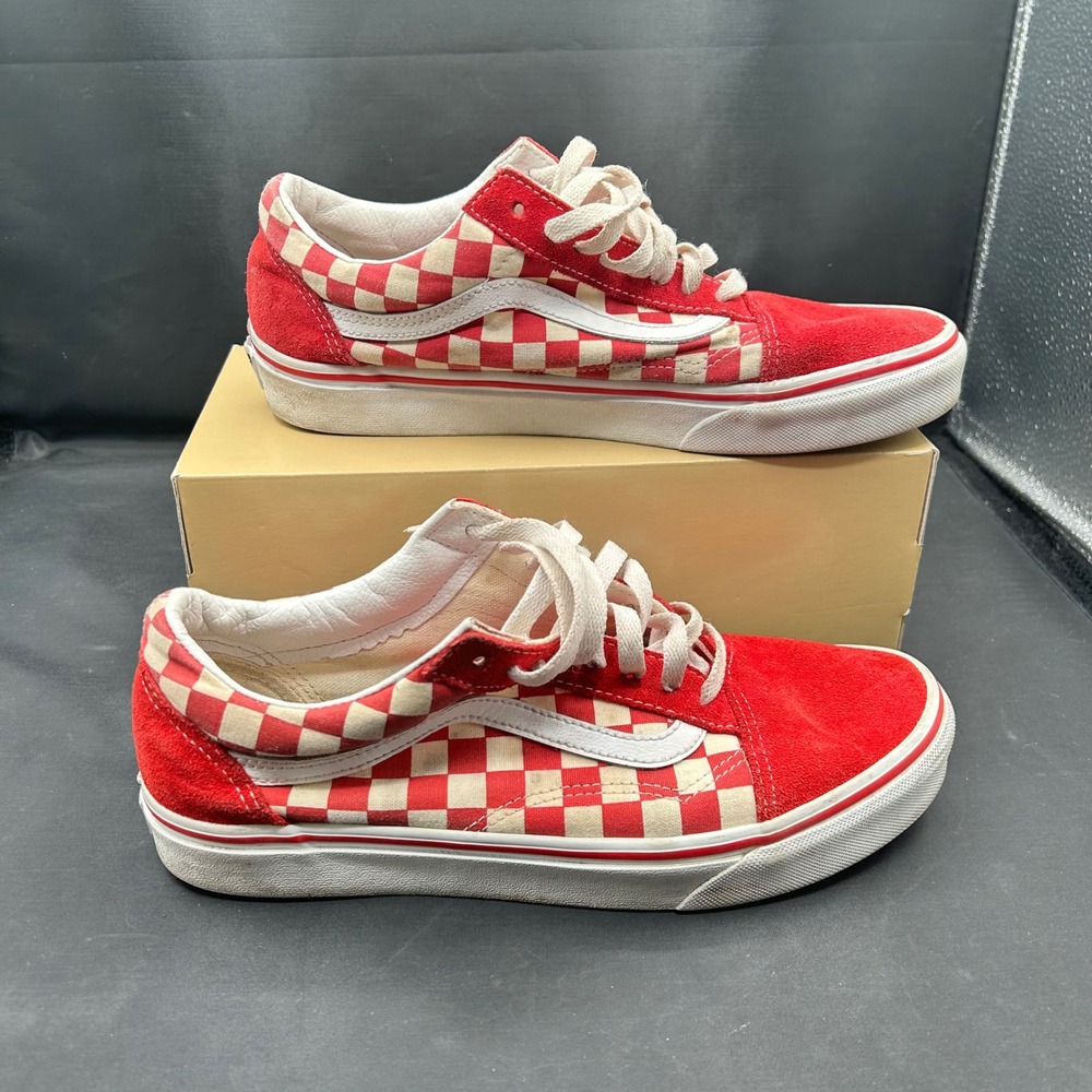 Vans Old Skool Red Checkerboard Skate Shoes Mens 8 Women 9.5 Low Top Beater Pair